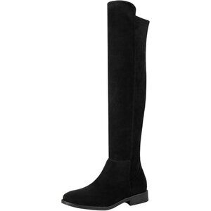 Women Black Suede Thigh High Over The Knee Flat Low Heel Long Round Toe Boots